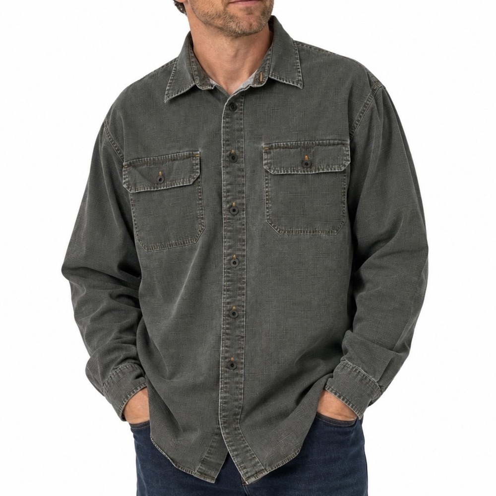 LL Bean Mens Large Green Crosshatch Cotton Canvas Button Down Work Shirt OYQ85